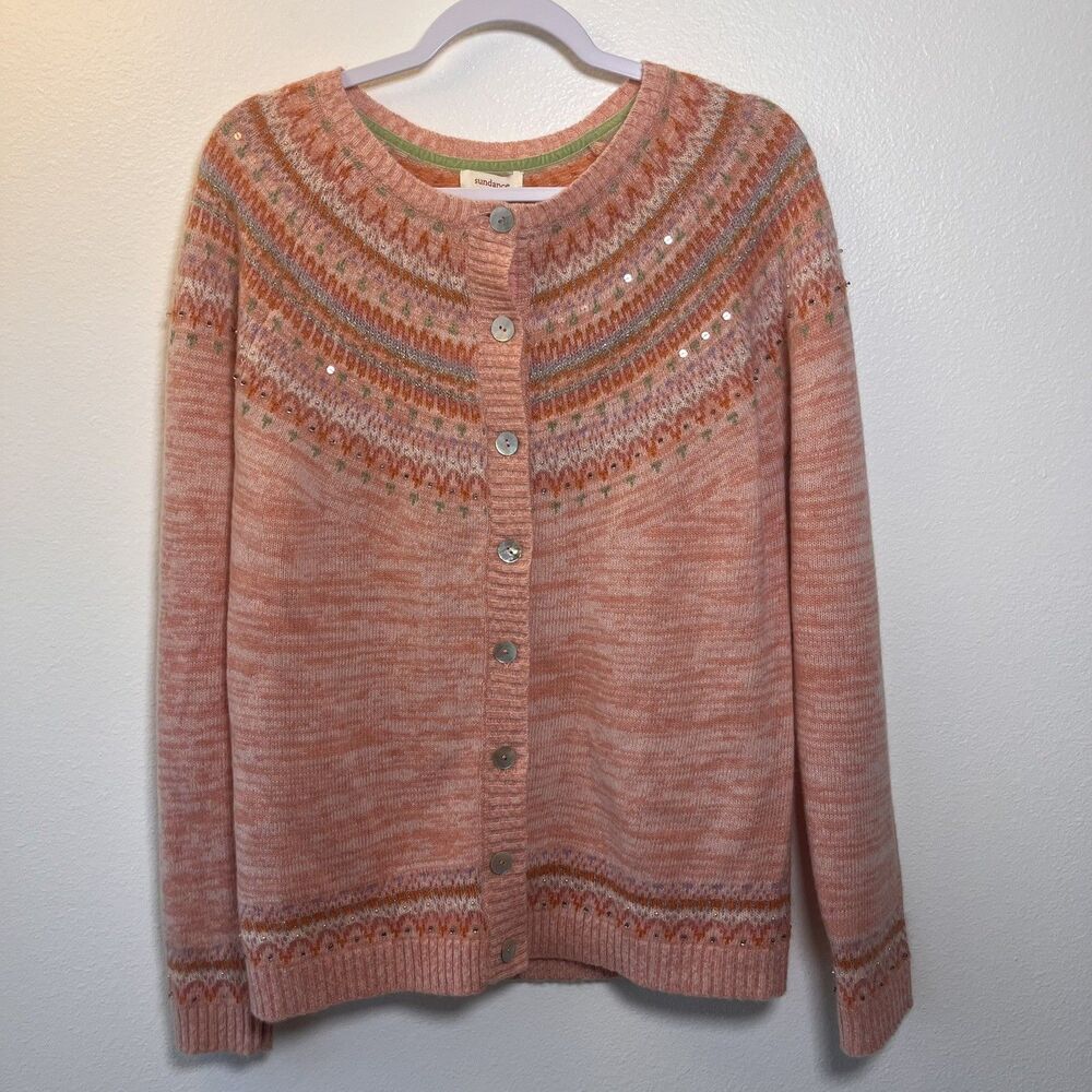 Sundance Pink Wool Mohair Fair Isle Button Front Cardigan Sweater Size M